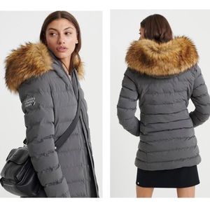 Superdry grey like new Arctic Tall Puffer Coat Brown Faux Fur Trim hood US sz 10